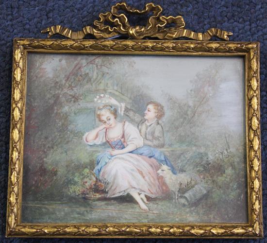 French School c.1900 Lovers beside a stream, 3 x 4in.